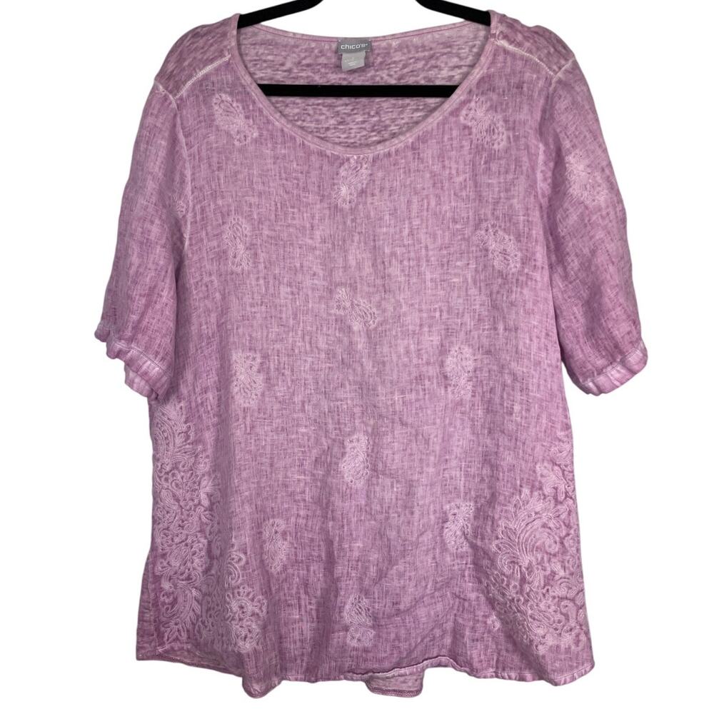 Chico's, Size 3 (16/18), Lavender Purple Tunic Top, Embroidered, Linen, Flowy